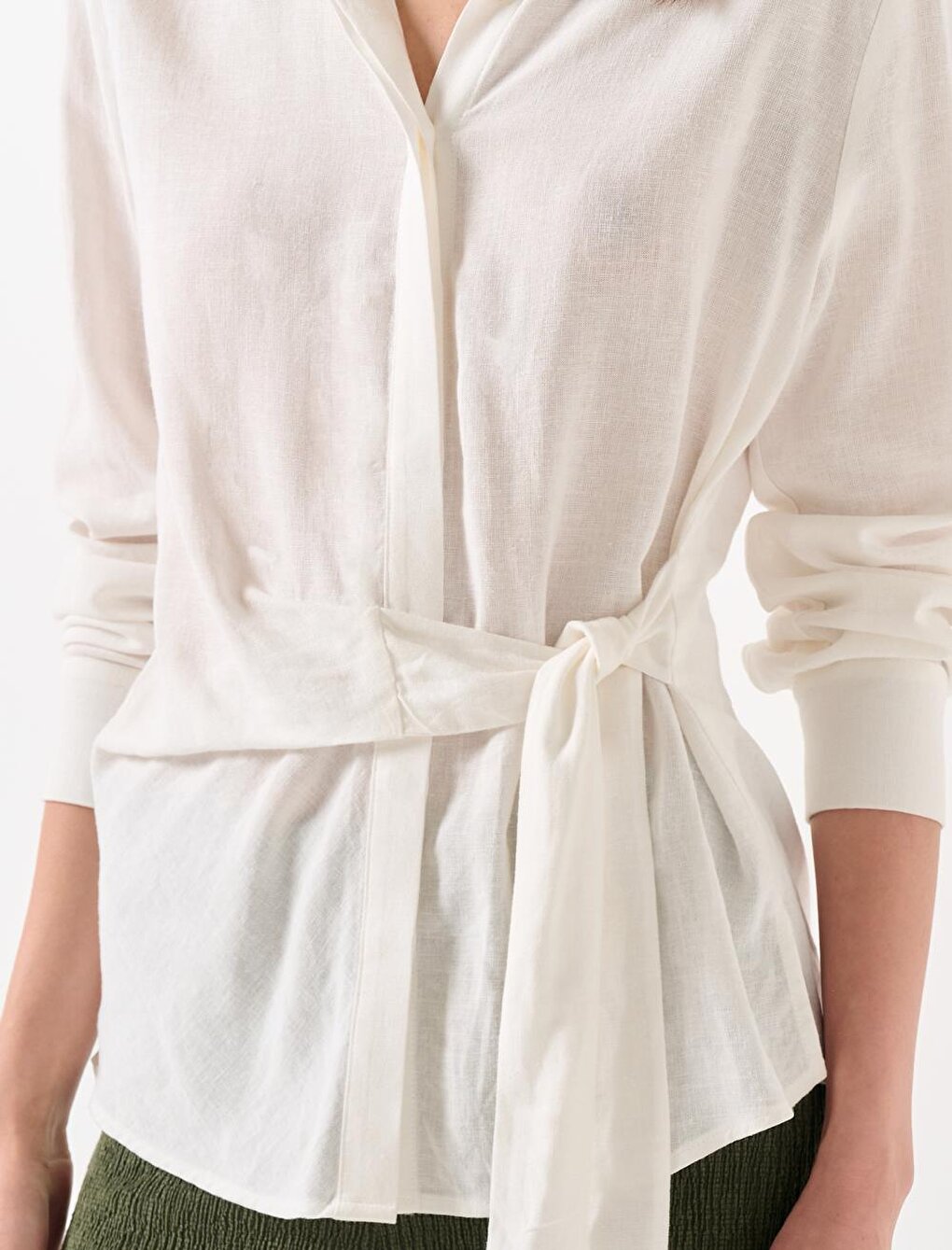 White Three Quarter Sleeve Belted Linen Shirt