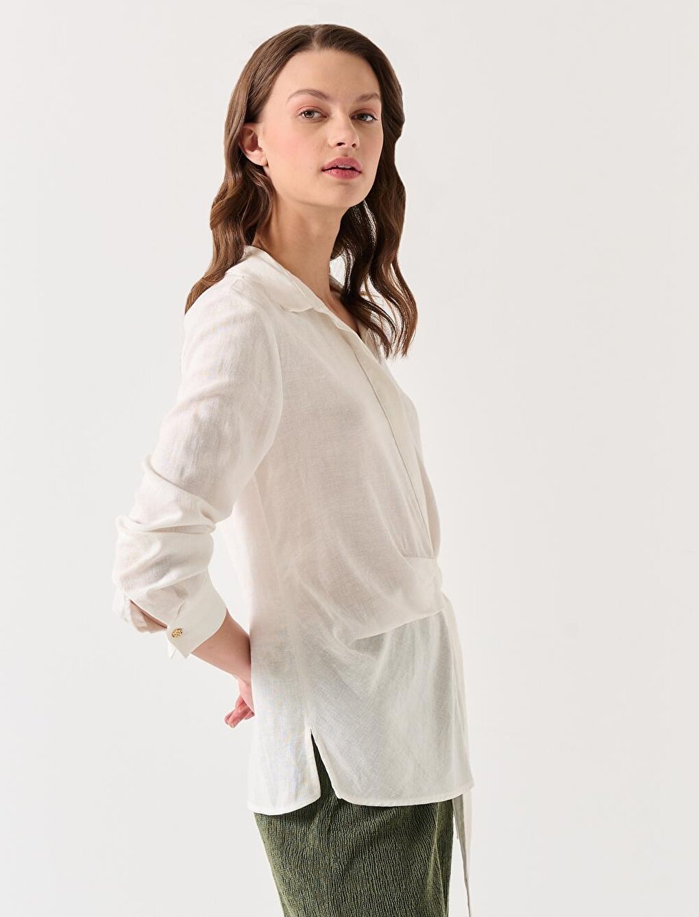 White Three Quarter Sleeve Belted Linen Shirt