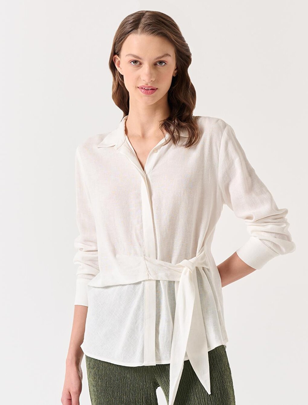 White Three Quarter Sleeve Belted Linen Shirt