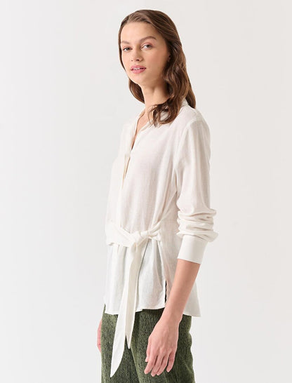 White Three Quarter Sleeve Belted Linen Shirt