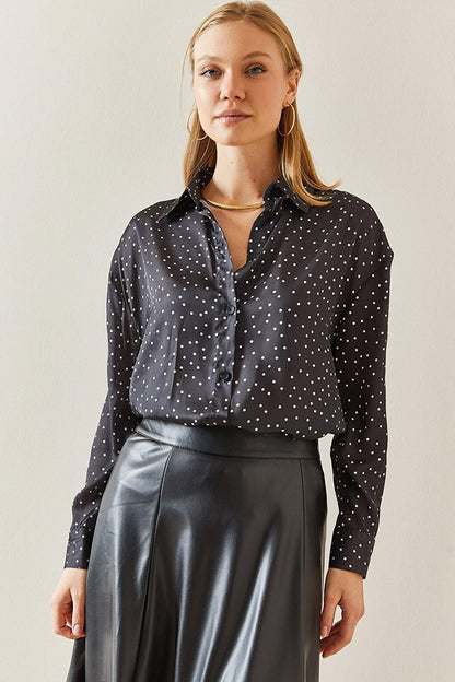 Black Patterned Flowy Satin Shirt 4KXK2-47759-02