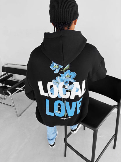 Oversize Local Love Printed Hooded Sweatshirt Black