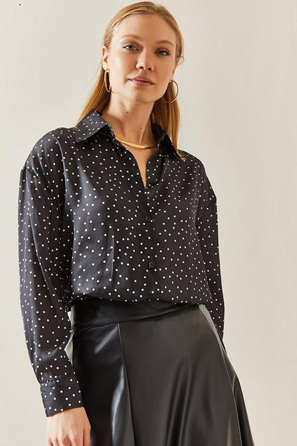 Black Patterned Flowy Satin Shirt 4KXK2-47759-02