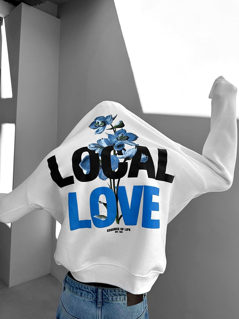 Oversize Local Love Printed Hooded Sweatshirt White