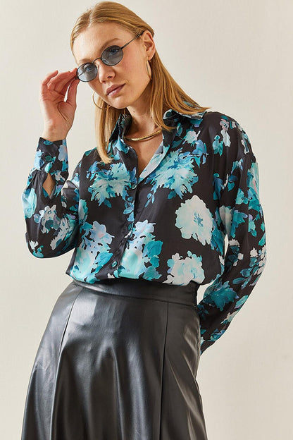 Blue Patterned Flowy Satin Shirt 4KXK2-47758-12