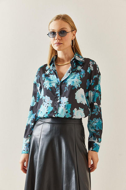 Blue Patterned Flowy Satin Shirt 4KXK2-47758-12