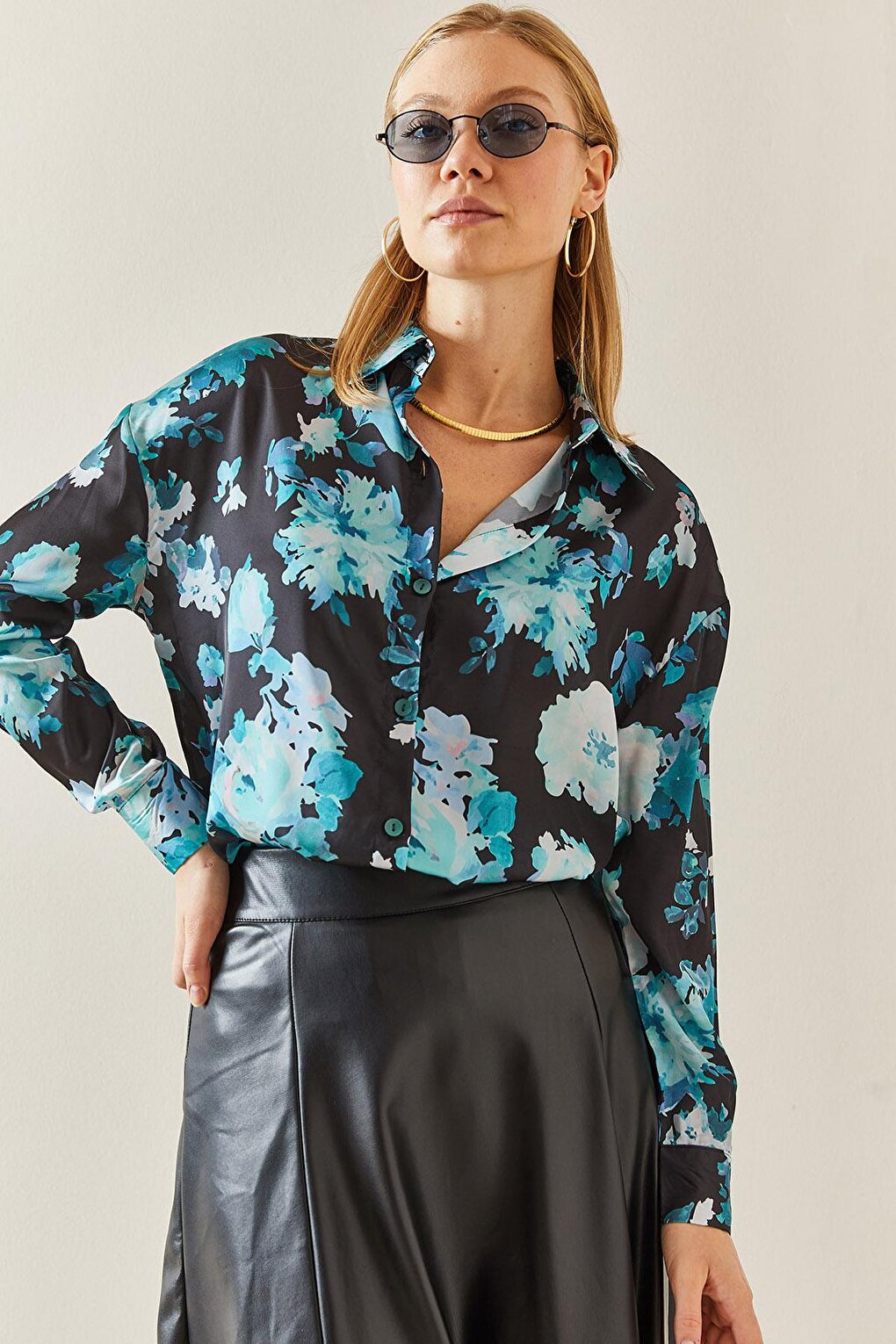 Blue Patterned Flowy Satin Shirt 4KXK2-47758-12