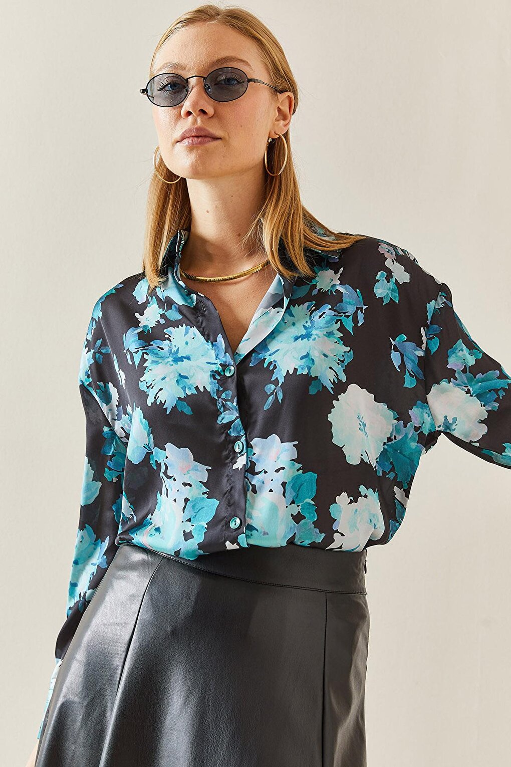 Blue Patterned Flowy Satin Shirt 4KXK2-47758-12