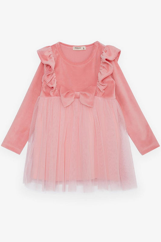 Girl's Dress Velvet Bow Tulle Pink (Age 3-8)