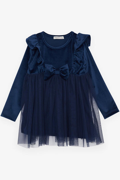 Girl's Dress Velvet Bow Tulle Navy Blue (3-8 Years)