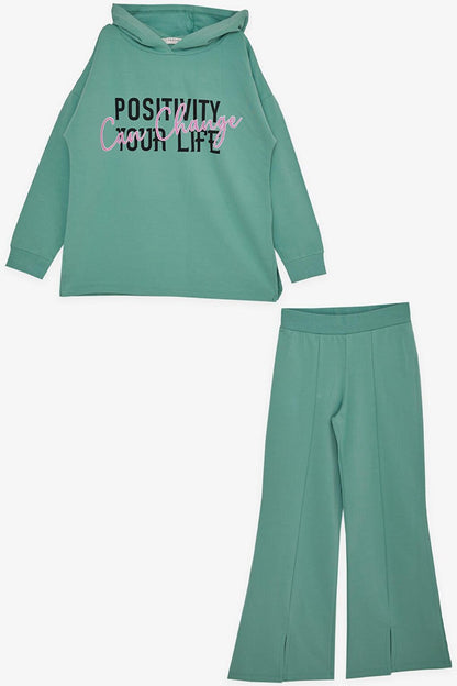 Girl's Trousers Suit, Text Printed, Slit, Mint Green (Age 10-14)