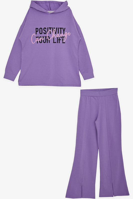 Girls' Trousers Set with Text Printed Slits Lilac (Age 10-14)