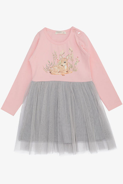 Girl's Long Sleeve Dress Floral Patterned Cute Gazelle Printed Pink (1.5-5 Years)