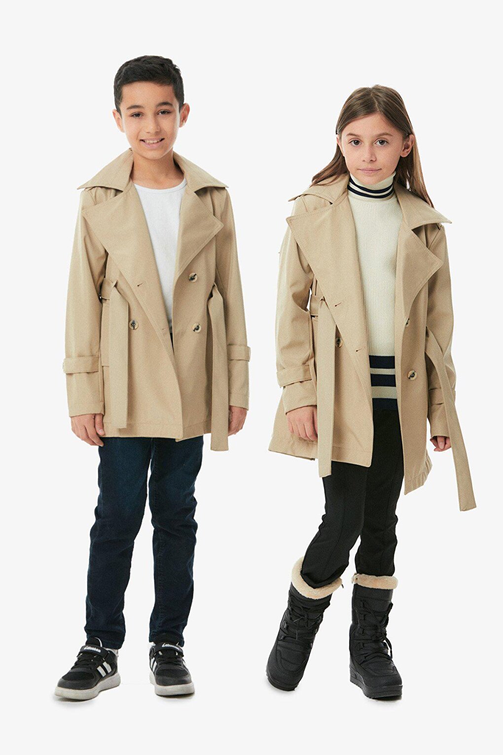 Double Breasted Collar Belted Unisex Children's Trench Coat