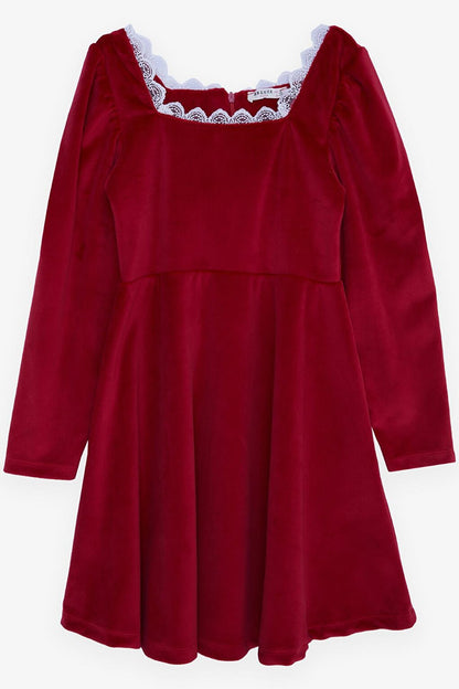 Girl's Velvet Dress Red with Laced Collar and Zipper on the Back (6-12 Years)