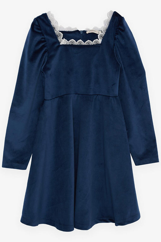 Girl's Velvet Dress with Laced Collar and Zipper on the Back, Navy Blue (Ages 6-12)