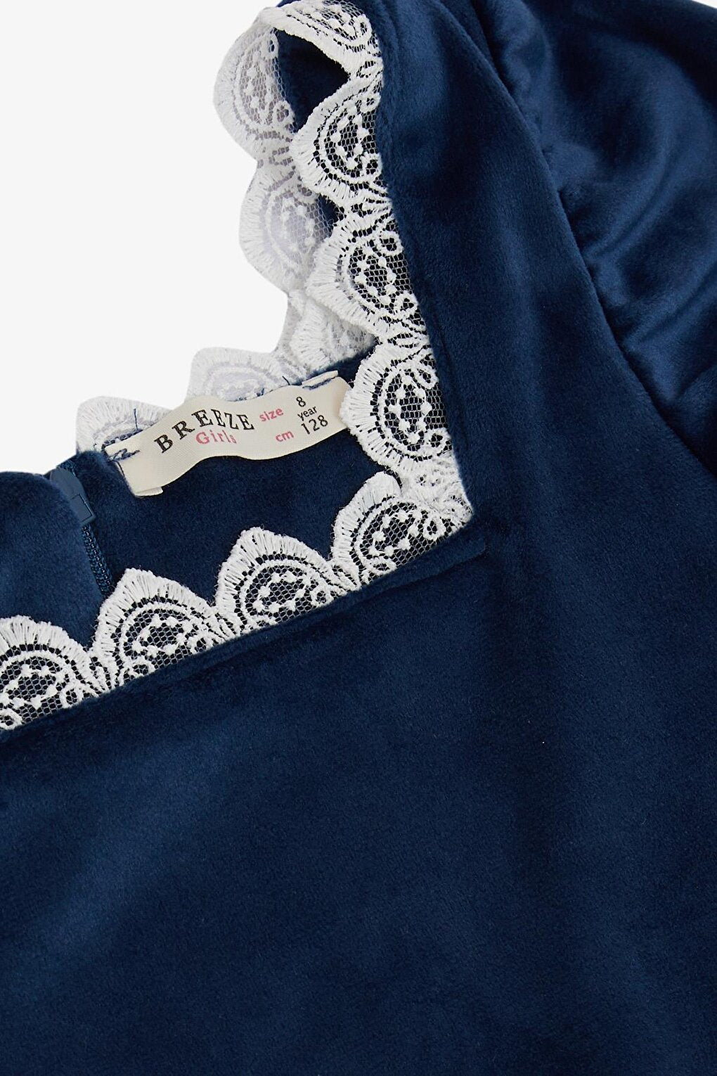 Girl's Velvet Dress with Laced Collar and Zipper on the Back, Navy Blue (Ages 6-12)