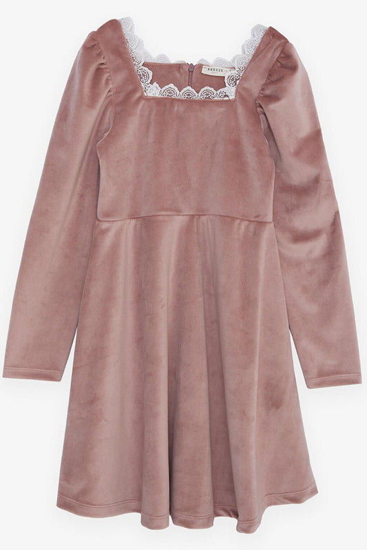 Girl's Velvet Dress with Laced Collar and Zipper on the Back, Powder (6-12 Years)