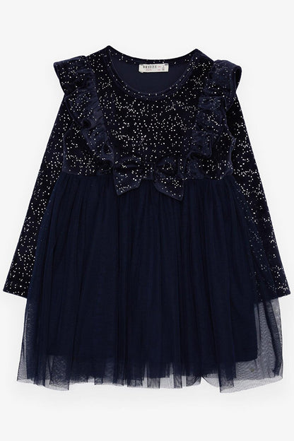 Girl's Velvet Dress with Bow, Glitter and Tulle, Navy Blue (Age 3-6)