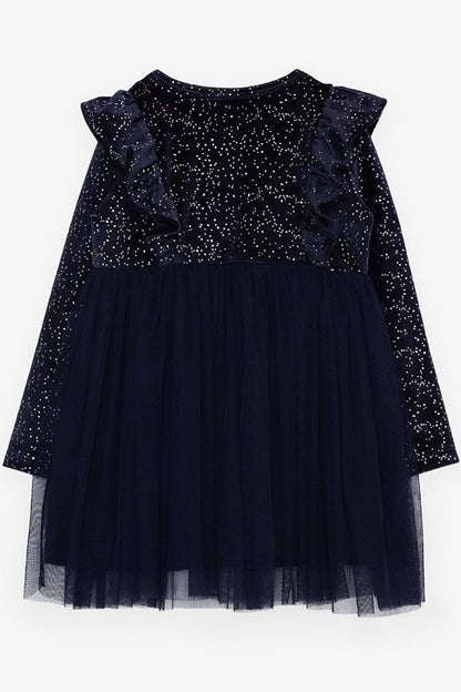 Girl's Velvet Dress with Bow, Glitter and Tulle, Navy Blue (Age 3-6)