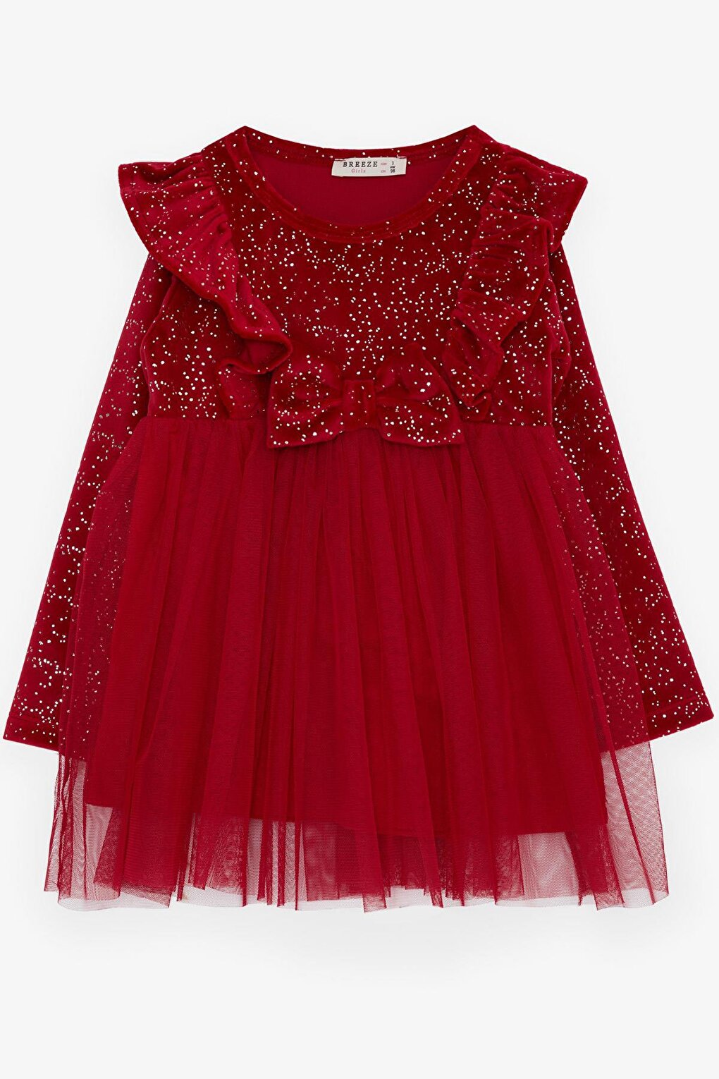 Girl's Velvet Dress with Bow and Glitter and Tulle in Red (Age 3-8)