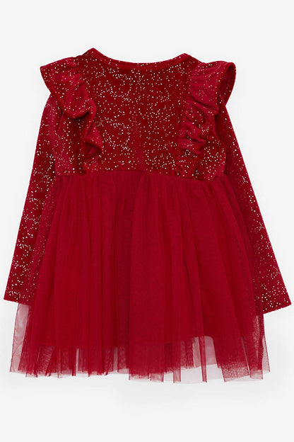 Girl's Velvet Dress with Bow and Glitter and Tulle in Red (Age 3-8)