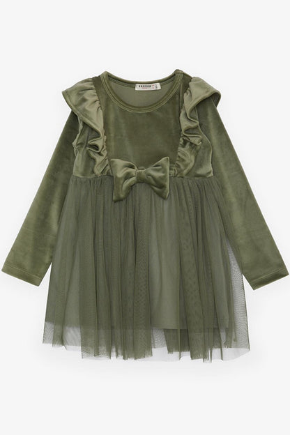 Girl's Dress Velvet Bow Tulle Khaki Green (3-8 Years)