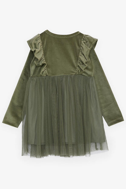 Girl's Dress Velvet Bow Tulle Khaki Green (3-8 Years)