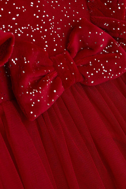 Girl's Velvet Dress with Bow and Glitter and Tulle in Red (Age 3-8)