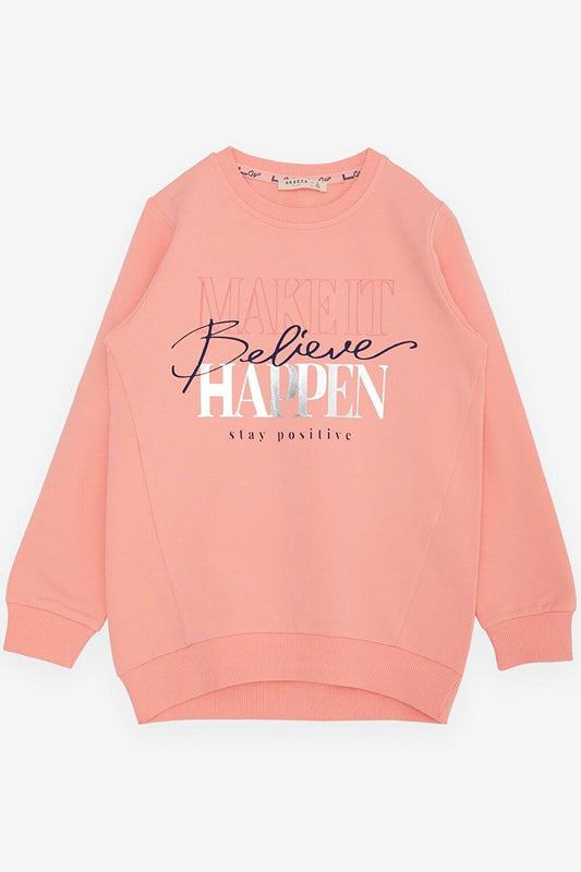 Girl's Sweatshirt Gilded Text Printed Salmon (Age 6-12)