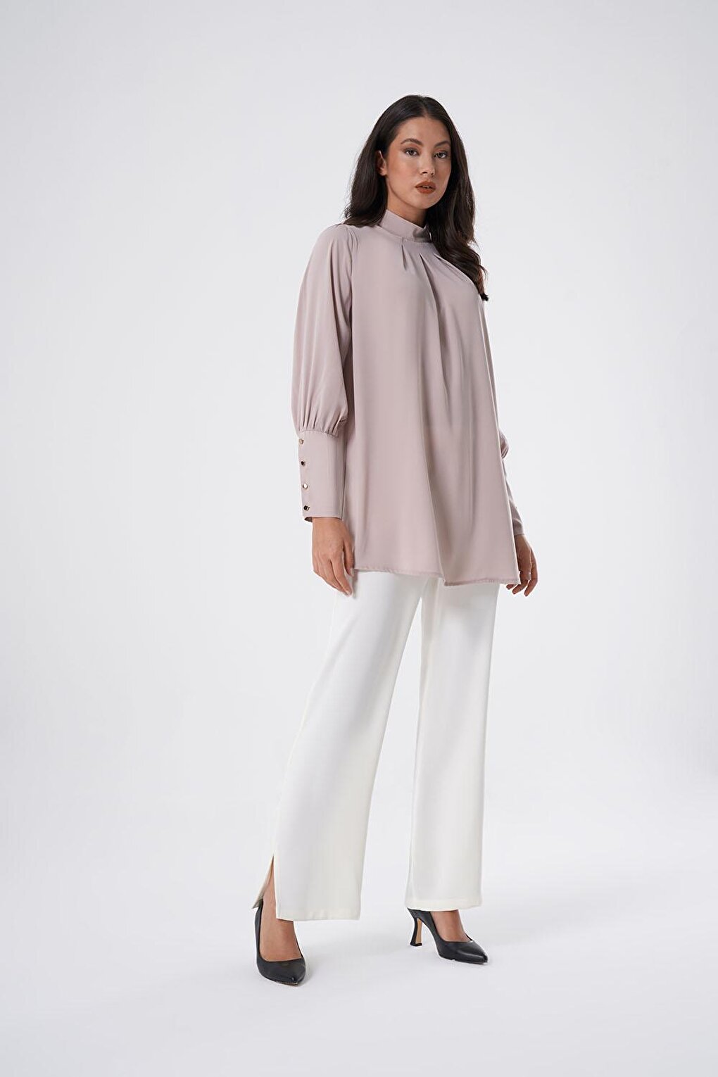 Long Cuffed Beige Tunic