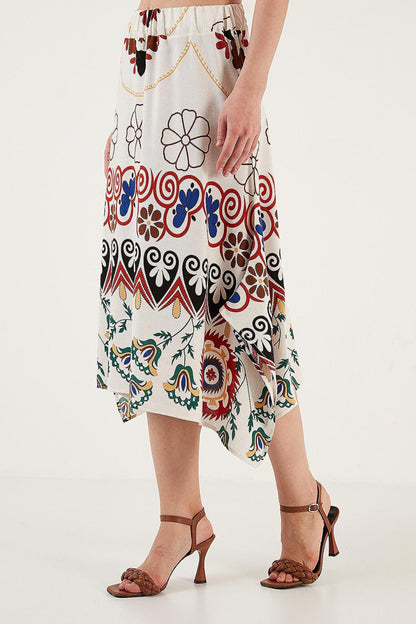 Patterned Asymmetrical Cut Midi Skirt with Elastic Waist 5865214