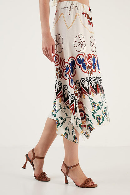 Patterned Asymmetrical Cut Midi Skirt with Elastic Waist 5865214