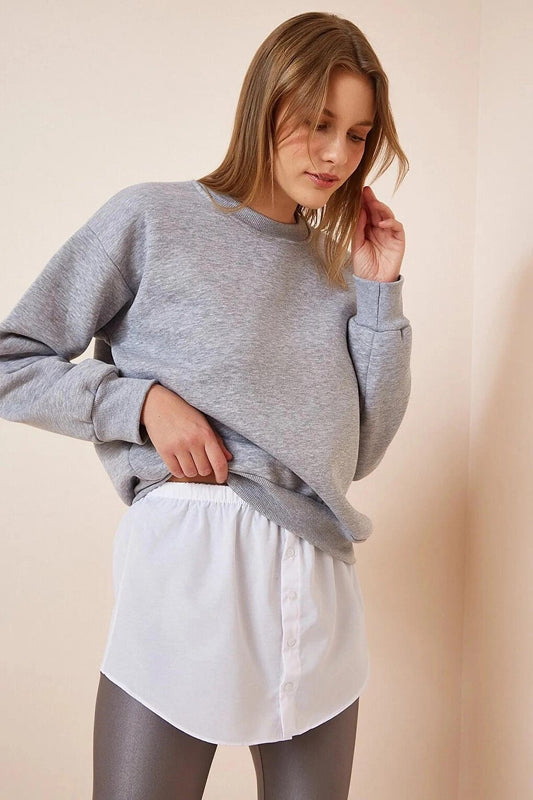 Women's White Elastic Waist Button Detailed Sweater and Sweatshirt Under Skirt Poplin Shirt HZL23S-BD118881