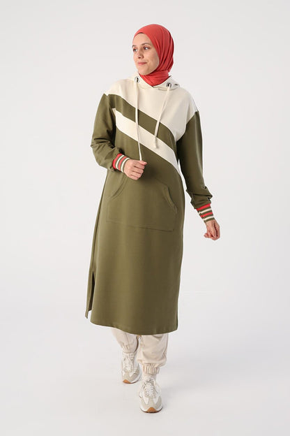 Light Khaki Two Color Hooded Sweat Tunic