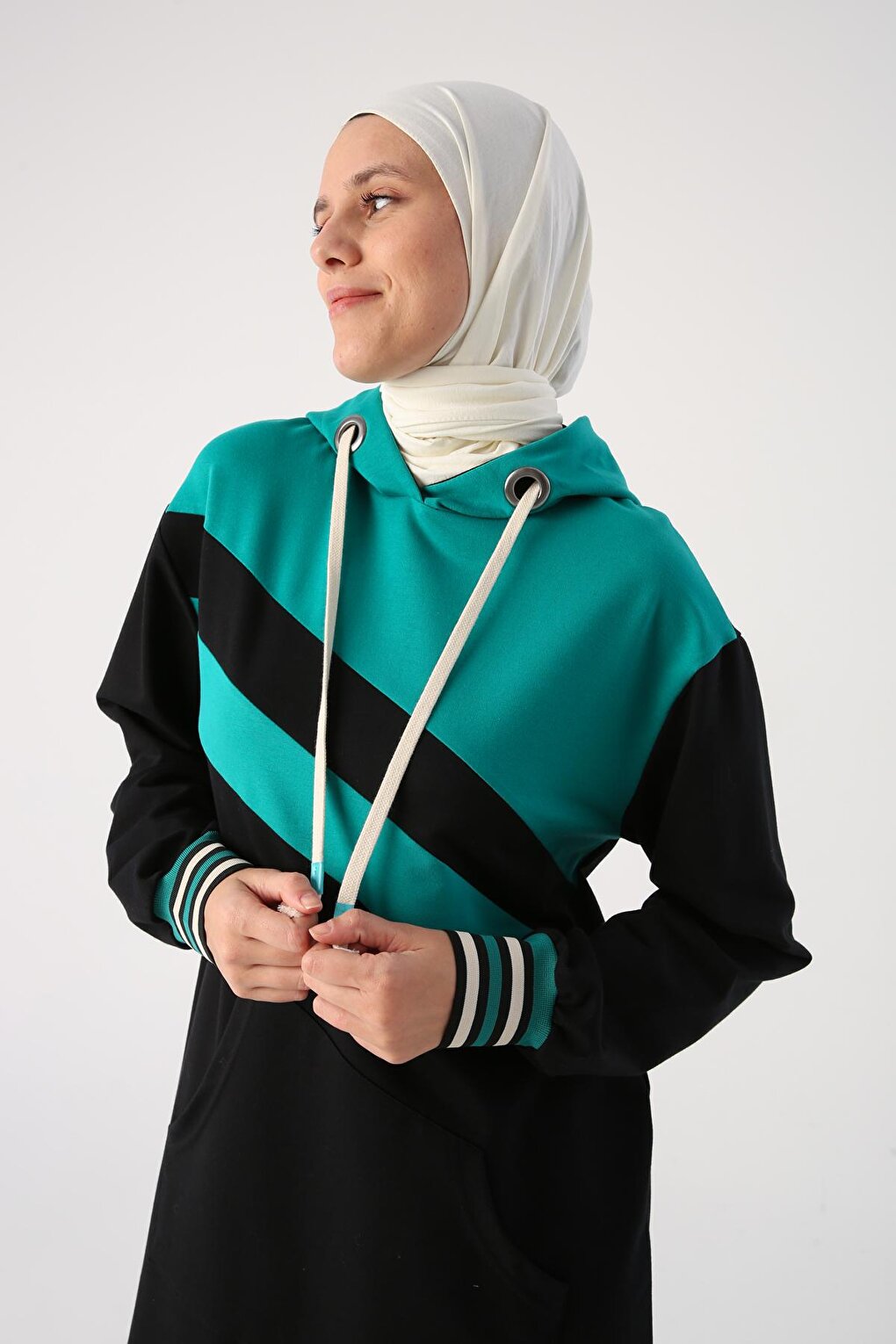 Black Two-Tone Hooded Sweat Tunic