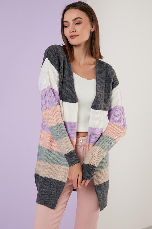 Cotton Color Blocked Long Knitted Cardigan 6329409