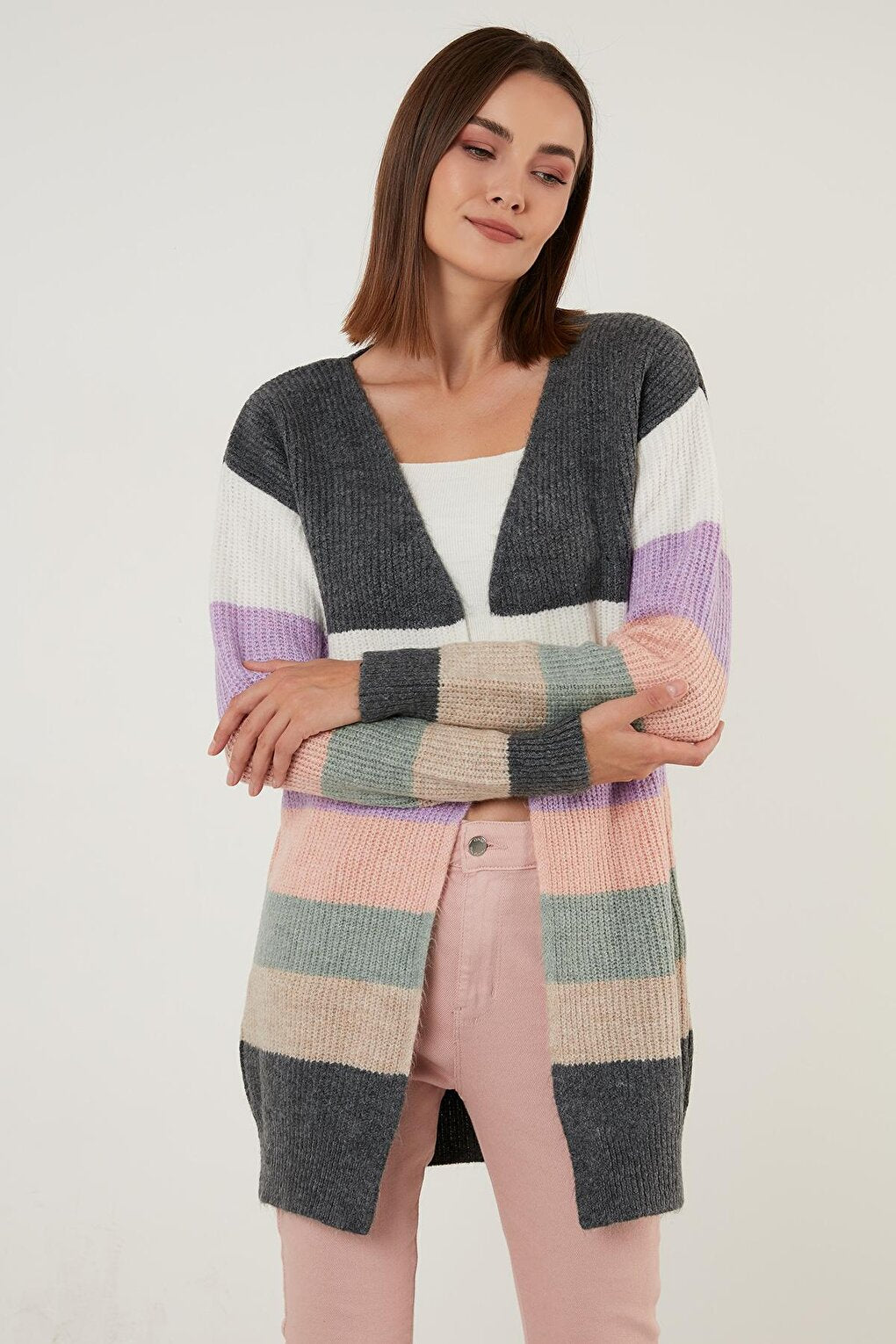 Cotton Color Blocked Long Knitted Cardigan 6329409