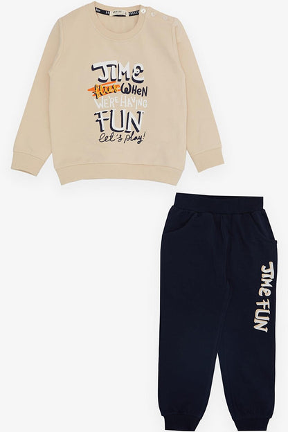 Boy's Tracksuit Set Fun Themed Text Printed Cream (Age 2-6)