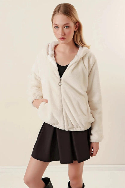 Women's White Elastic Wrist and Waist Zippered Hooded Coat with Fur on the Outside and Lining on the Inside HZL24W-BD151501