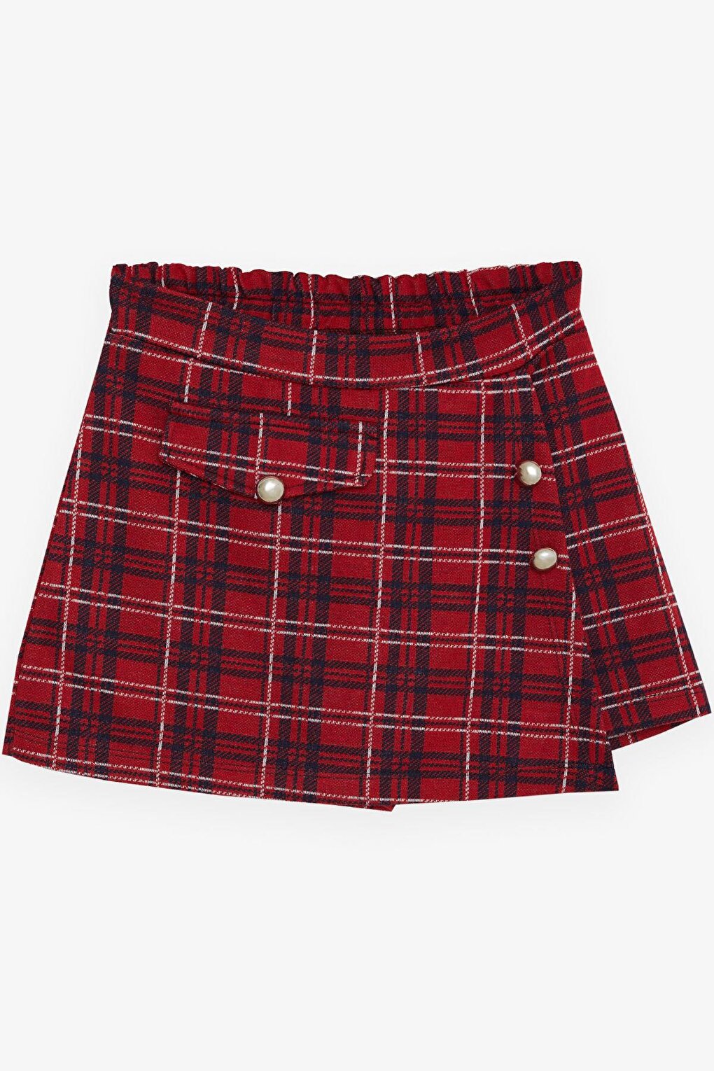 Girl's Shorts Skirt Cover Pocket Button Accessory Plaid Patterned Red (Age 9-12)