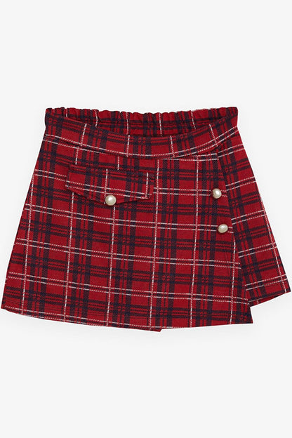 Girl's Shorts Skirt Cover Pocket Button Accessory Plaid Patterned Red (Age 9-12)