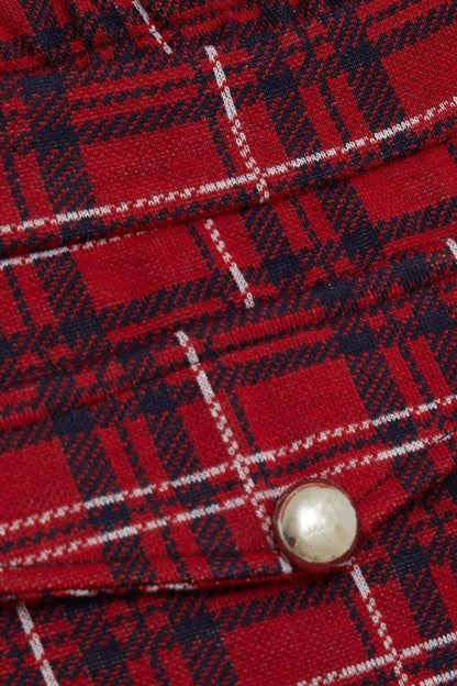 Girl's Shorts Skirt Cover Pocket Button Accessory Plaid Patterned Red (Age 9-12)