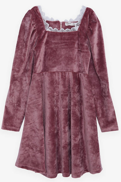 Girl's Velvet Dress with Laced Collar and Zipper on the Back, Dried Rose (6-12 Years)