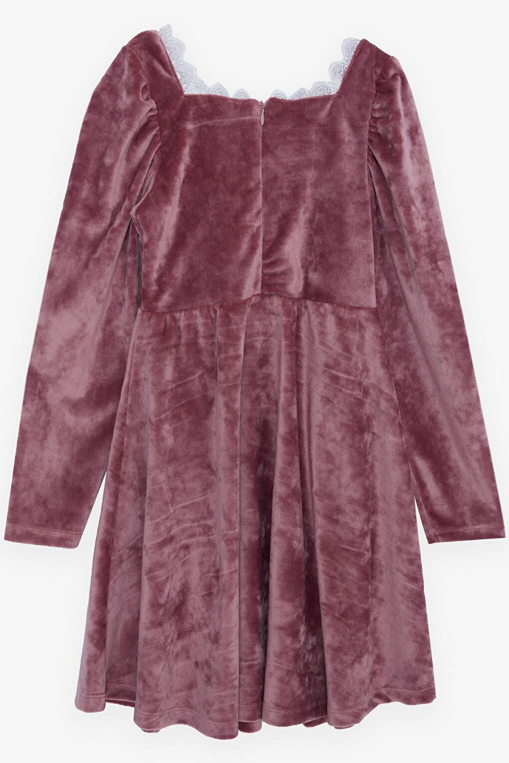 Girl's Velvet Dress with Laced Collar and Zipper on the Back, Dried Rose (6-12 Years)