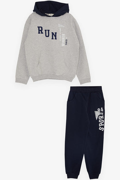 Boy's Tracksuit Set Hooded Text Printed Gray Melange (Age 5-10)