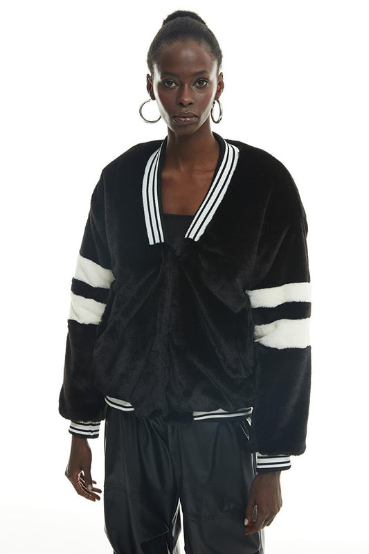 Striped V-Neck Plush Coat Black