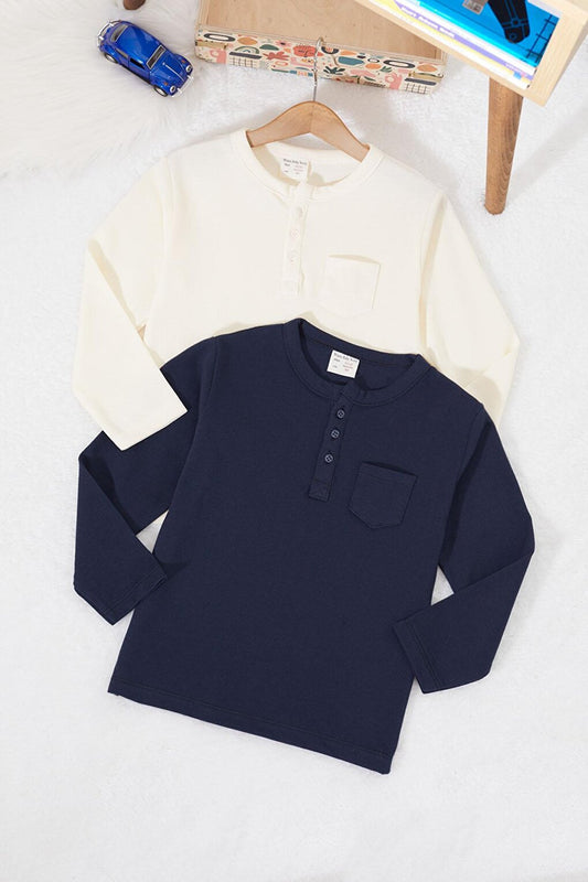 Baby Boy Button Collared Pocket 2-Piece Sweatshirt Navy Blue-Cream 17329