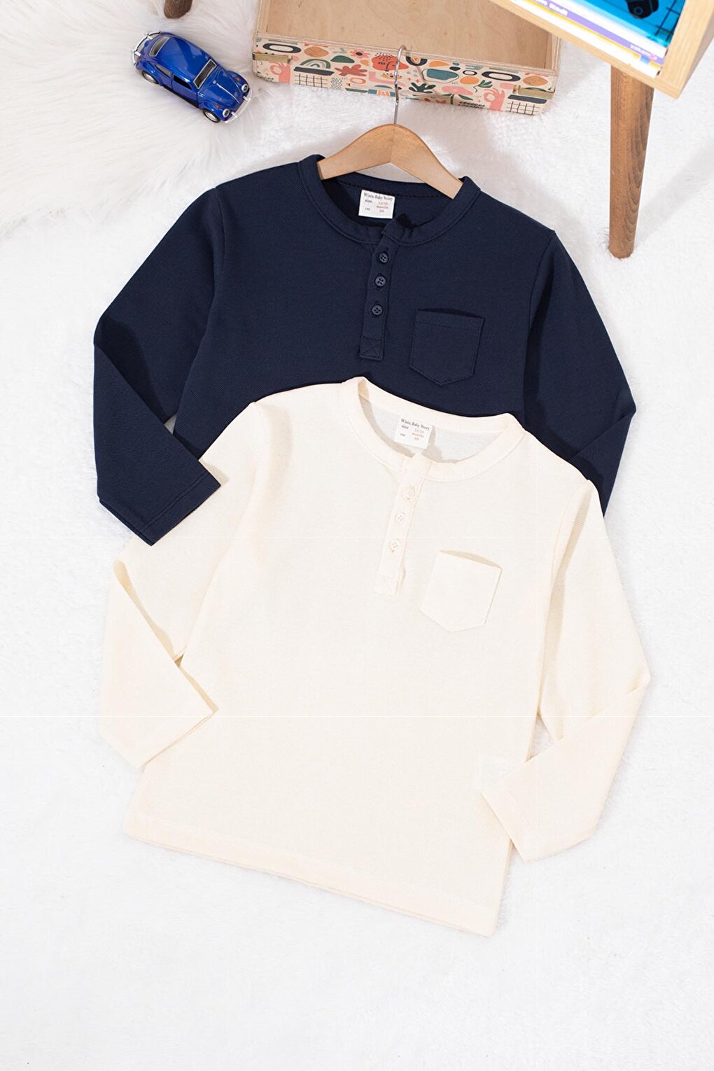 Baby Boy Button Collared Pocket 2-Piece Sweatshirt Navy Blue-Cream 17329