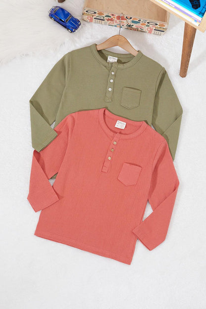 Baby Boy Button Collared Pocket 2-Piece Sweatshirt Khaki-Brick 17330